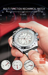 Relógios esportivos masculinos JARAGAR, relógio mecânico automático de luxo de marca de luxo para homens, pulseira de aço inoxidável prateada, relógio de pulso militar