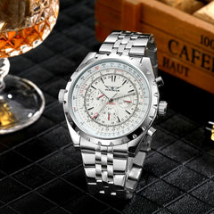 Relógios esportivos masculinos JARAGAR, relógio mecânico automático de luxo de marca de luxo para homens, pulseira de aço inoxidável prateada, relógio de pulso militar
