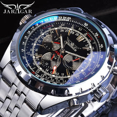 Relógios esportivos masculinos JARAGAR, relógio mecânico automático de luxo de marca de luxo para homens, pulseira de aço inoxidável prateada, relógio de pulso militar
