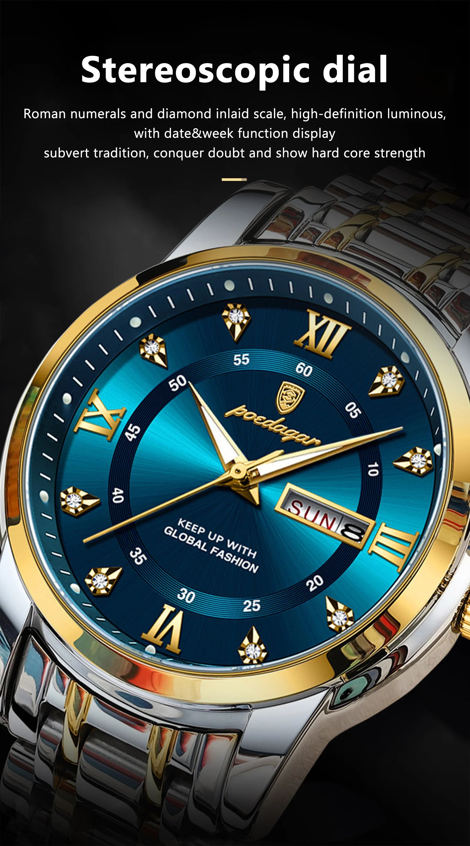 Relógio de luxo POEDAGAR elegante, à prova d'água, luminoso, quartzo, aço inoxidável, esportivo