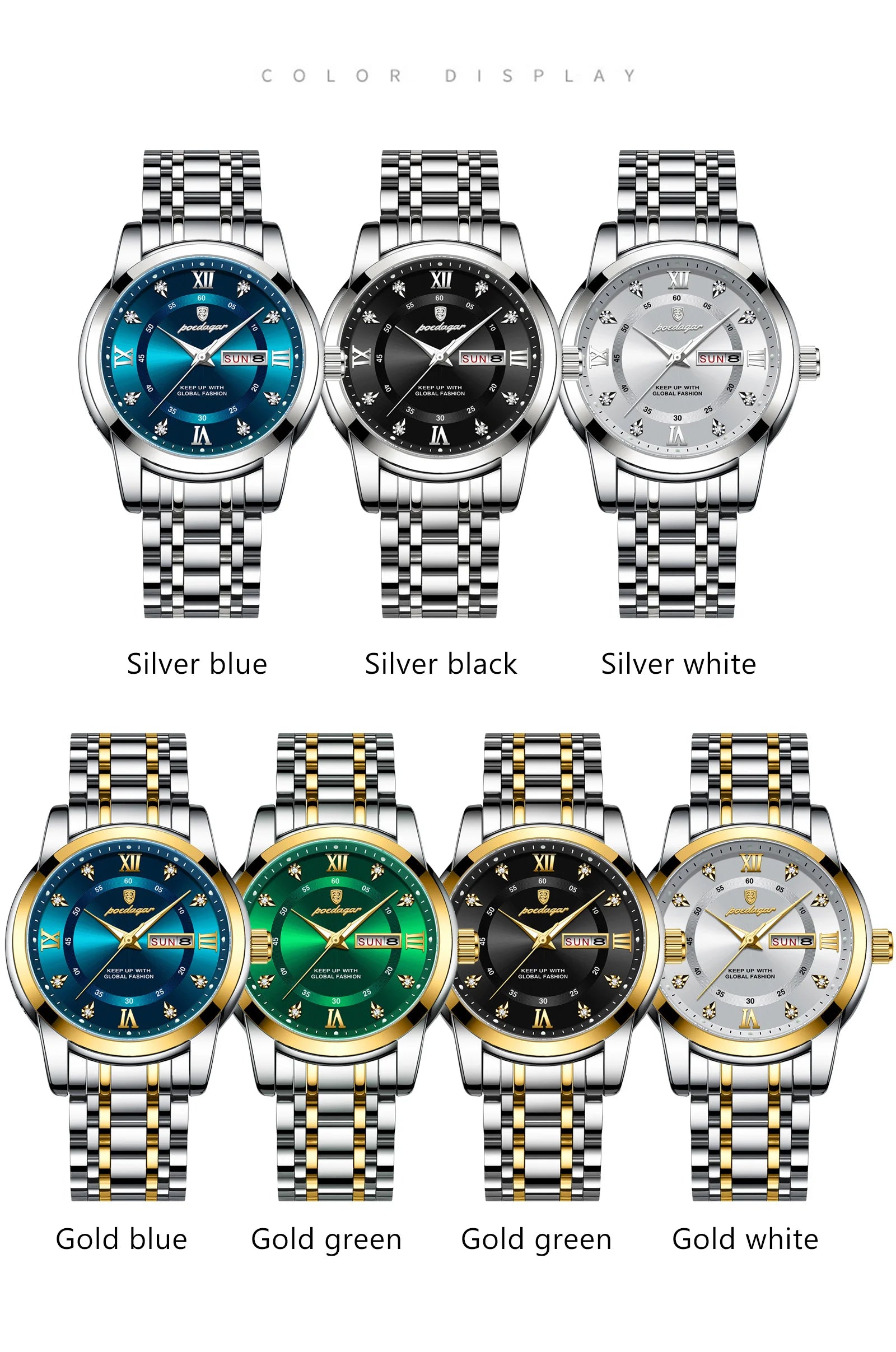 Relógio de luxo POEDAGAR elegante, à prova d'água, luminoso, quartzo, aço inoxidável, esportivo