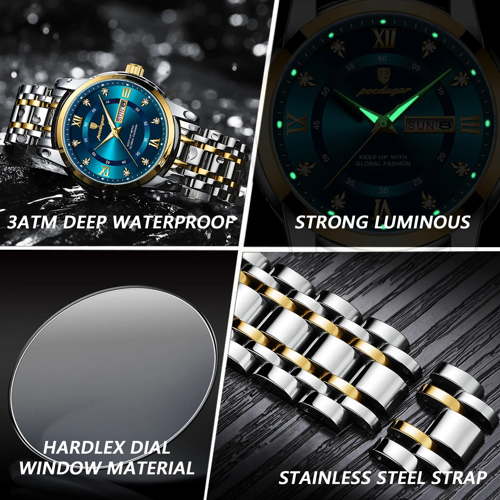 Relógio de luxo POEDAGAR elegante, à prova d'água, luminoso, quartzo, aço inoxidável, esportivo