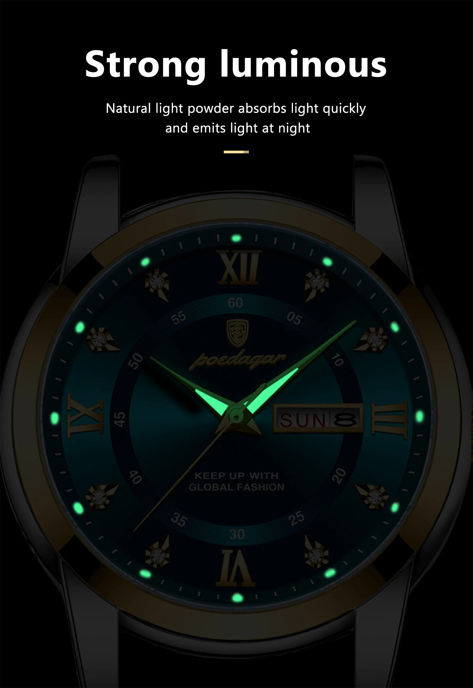 Relógio de luxo POEDAGAR elegante, à prova d'água, luminoso, quartzo, aço inoxidável, esportivo